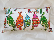 Load image into Gallery viewer, White cotton 14 x 24 inch, vibrant pillow cover with multi coloured birds perching on a wire, fun, fresh, and bold.
