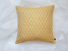 Load image into Gallery viewer, Bright yellow and white pillow cover with horizontal diamond design. 16 x 16 inches and material is mixed fibers. 
