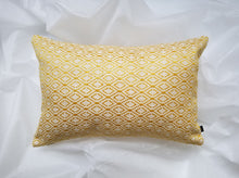 Load image into Gallery viewer, Bright yellow and white pillow cover with horizontal diamond design. 12 x 18 inches and material is mixed fibers.
