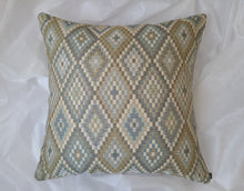 Load image into Gallery viewer, 20 x 20 inch pillow cover made of 100% mixed fibers. Various soft hues of beige, blue, teal, cream and green in diamond formation.
