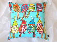 Load image into Gallery viewer, Blue cotton 20 x 20 inch, vibrant pillow cover with multi coloured birds perching on a wire, fun, fresh, and bold.
