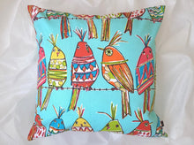 Load image into Gallery viewer, Blue cotton 20 x 20 inch, vibrant pillow cover with multi coloured birds perching on a wire, fun, fresh, and bold.
