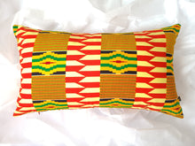 Load image into Gallery viewer, Rich and bold beautiful 14 x 24 inch West African multi coloured Kente pattern pillow.  Boast vibrant colours in various geometric shapes and stripes including red, yellow, green, black, white, and gold. This gorgeous pillow is made from 100% cotton.
