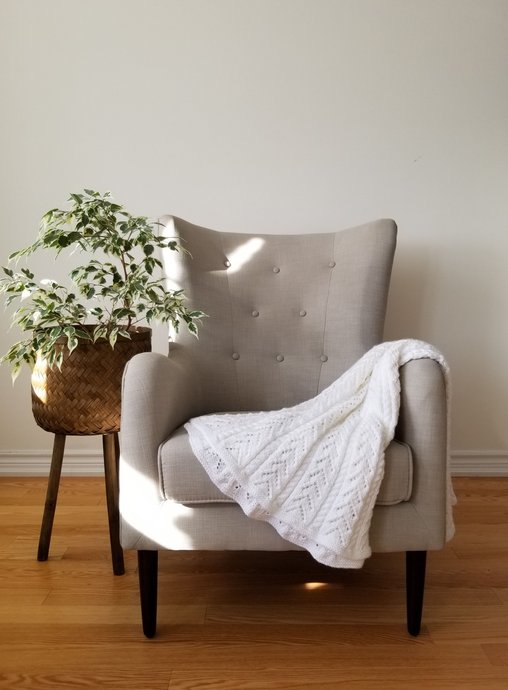 White, hand knit baby blanket, 55 x 40 inches, perfect for any nursery, 100% acrylic.  