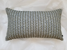 Load image into Gallery viewer, Detailed 14 x 24 inch pillow cover imprinted with emerald green and sky blue mini diamond pattern outlined in cream. Material is mixed fibers.
