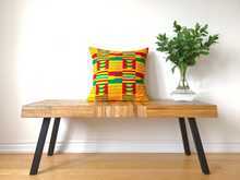 Load image into Gallery viewer, Rich and bold beautiful 20 x 20 inch West African multi coloured Kente pattern pillow.&nbsp; Boast vibrant colours in various geometric shapes and stripes including gold, green, burgundy, light blue, black and white. This gorgeous pillow is made from 100% cotton.
