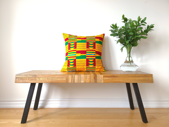 Rich and bold beautiful 20 x 20 inch West African multi coloured Kente pattern pillow.  Boast vibrant colours in various geometric shapes and stripes including gold, green, burgundy, light blue, black and white. This gorgeous pillow is made from 100% cotton.