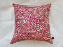 Load image into Gallery viewer, This paisley pink 16 x 16 inch pillow cover is bright and beautiful.  With various shades of pink alongside cream, wine, and grey, its colour can compliment a variety of settings. Material is made of mixed fibers.
