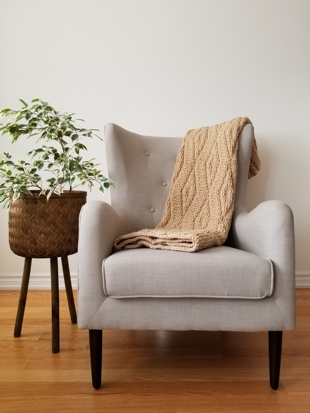 Beige hand knit throw blanket, thick and with intricate design, 52 x 52 inches