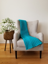 Load image into Gallery viewer, Rare teal lush throw blanket, hand knit, 52 x 60 inches 
