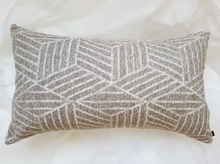 Load image into Gallery viewer, Beautifully textured and intricate grey and beige 14 x 24 inch pillow cover.  Large grey diamond design with slices of beige thick lines inside. Material is mixed fibers.  
