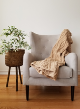 Load image into Gallery viewer, Beige hand knit throw blanket, thick and with intricate design, 52 x 52 inches
