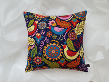 Load image into Gallery viewer, 16 x 16 inch navy blue pillow with various vibrant and brightly coloured birds and lush nature. Material is cotton.
