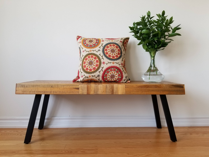 Boho-Retro inspired pillow cover, main colour is cream with beautiful multi-coloured circles (burnt oranges, green, red, tangerine, and turquoise) lined with flowers and stems. 20 x 20 inches made from mixed fibers.  