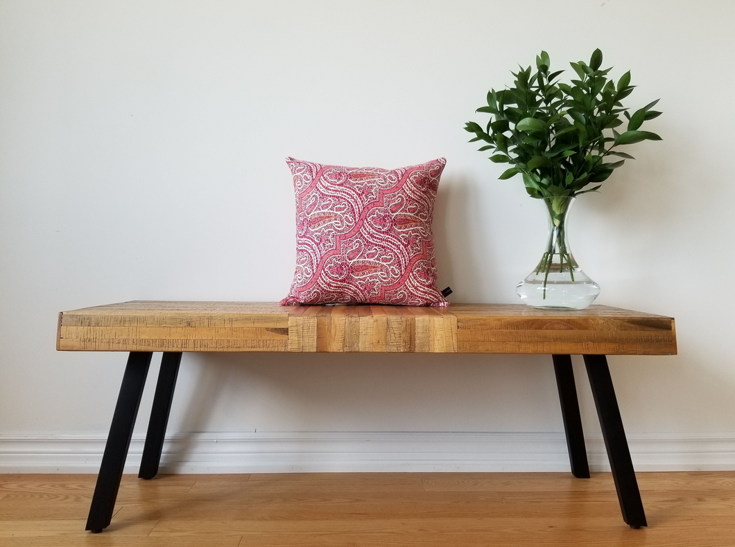 This paisley pink 16 x 16 inch pillow cover is bright and beautiful.  With various shades of pink alongside cream, wine, and grey, its colour can compliment a variety of settings. Material is made of mixed fibers.