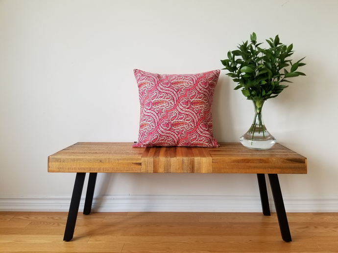 This paisley pink 20 x 20 inch pillow cover is bright and beautiful.  With various shades of pink alongside cream, wine, and grey, its colour can compliment a variety of settings. Material is made of mixed fibers.