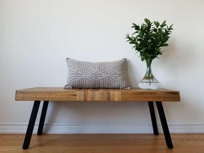 Beautifully textured and intricate grey and beige 14 x 24 inch pillow cover.  Large grey diamond design with slices of beige thick lines inside. Material is mixed fibers.  