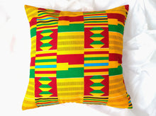 Load image into Gallery viewer, Rich and bold beautiful 20 x 20 inch West African multi coloured Kente pattern pillow.&nbsp; Boast vibrant colours in various geometric shapes and stripes including gold, green, burgundy, light blue, black and white. This gorgeous pillow is made from 100% cotton.
