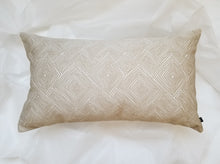 Load image into Gallery viewer, Beautiful cream and beige 14 x 24 inch pillow with raised stitching in a maze-like diamond pattern, made from mixed fibers.
