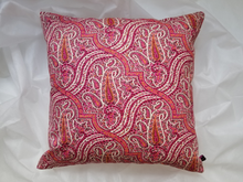 Load image into Gallery viewer, This paisley pink 20 x 20 inch pillow cover is bright and beautiful.  With various shades of pink alongside cream, wine, and grey, its colour can compliment a variety of settings. Material is made of mixed fibers.
