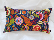 Load image into Gallery viewer, 14 x 24 inch navy blue pillow with various vibrant and brightly coloured birds and lush nature. Material is cotton.
