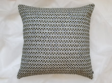 Load image into Gallery viewer, Detailed 20 x 20 inch pillow cover imprinted with emerald green and sky blue mini diamond pattern outlined in cream. Material is mixed fibers. 
