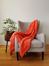 Load image into Gallery viewer, Coral-Orange throw blanket, vibrant colour  and intricate design, 56 x 75
