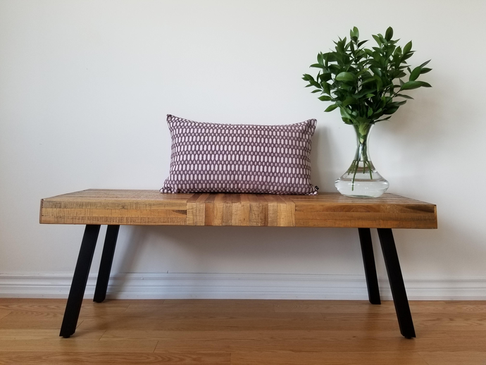 Intricate 14 x 24 inch pillow cover made of mixed fibers.  Light purple with off-white and light beige geometric diamond-like design, soft texture and modern design. 