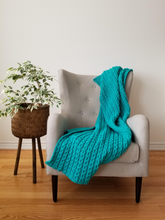 Load image into Gallery viewer, Rare teal lush throw blanket, hand knit, 52 x 60 inches, intricate details 
