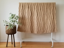 Load image into Gallery viewer, Beige hand knit throw blanket, thick and with intricate design, 52 x 52 inches
