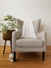 Load image into Gallery viewer, White, hand knit baby blanket, 55 x 40 inches, perfect for any nursery, 100% acrylic.  
