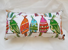 Load image into Gallery viewer, White cotton 13 x 24 inch, vibrant pillow cover with multi coloured birds perching on a wire, fun, fresh, and bold. 
