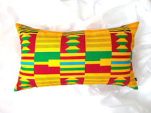 Load image into Gallery viewer, Rich and bold beautiful 14 x 24 inch West African multi coloured Kente pattern pillow.  Boast vibrant colours in various geometric shapes and stripes including gold, green, burgundy, light blue, black and white. This gorgeous pillow is made from 100% cotton.
