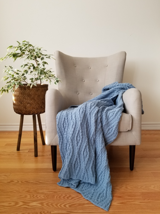 Hand crafted throw blanket, pale powder blue, intricate diamond design, 100% Acrylic, 65 x 59 inches