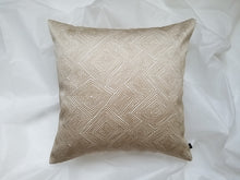 Load image into Gallery viewer, Beautiful cream and beige 18 x 18 inch pillow with raised stitching in a maze-like diamond pattern, cotton/polyester mix.
