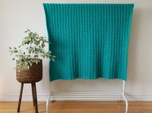 Load image into Gallery viewer, Rare teal lush throw blanket, hand knit, 52 x 60 inches, intricate details 
